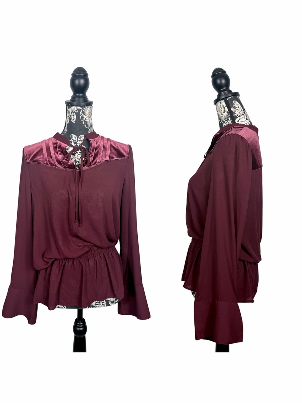 Worthington maroon bell sleeve sheer velvet top size large